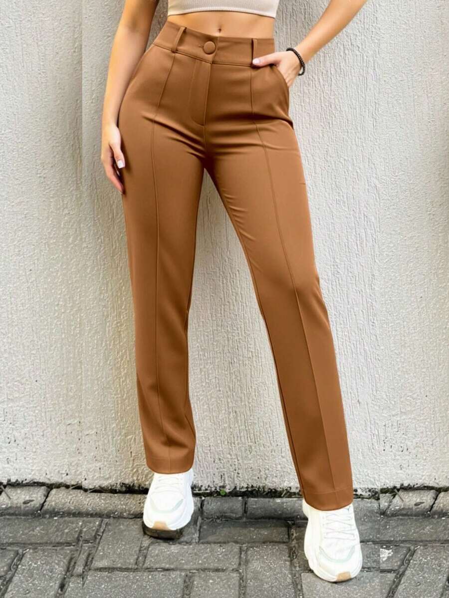 EMILI LULURUN2 Glam Tailored Trousers For Women, Straight Leg, With Crease - 棕色 - 查看 1