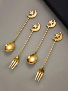 12pcs Stainless Steel Coffee Spoons, Moon & Star Pattern, Dessert Spoons, Mixing Spoons, Perfect For Afternoon Tea And Ramadan Gifts - Gold - View 3