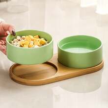 大型宠物碗，陶瓷狗/猫碗，带木质底座，防溢水碗，适用于猫狗，不刺激胡须，可放入洗碗机清洗 - 980ml - 查看 5