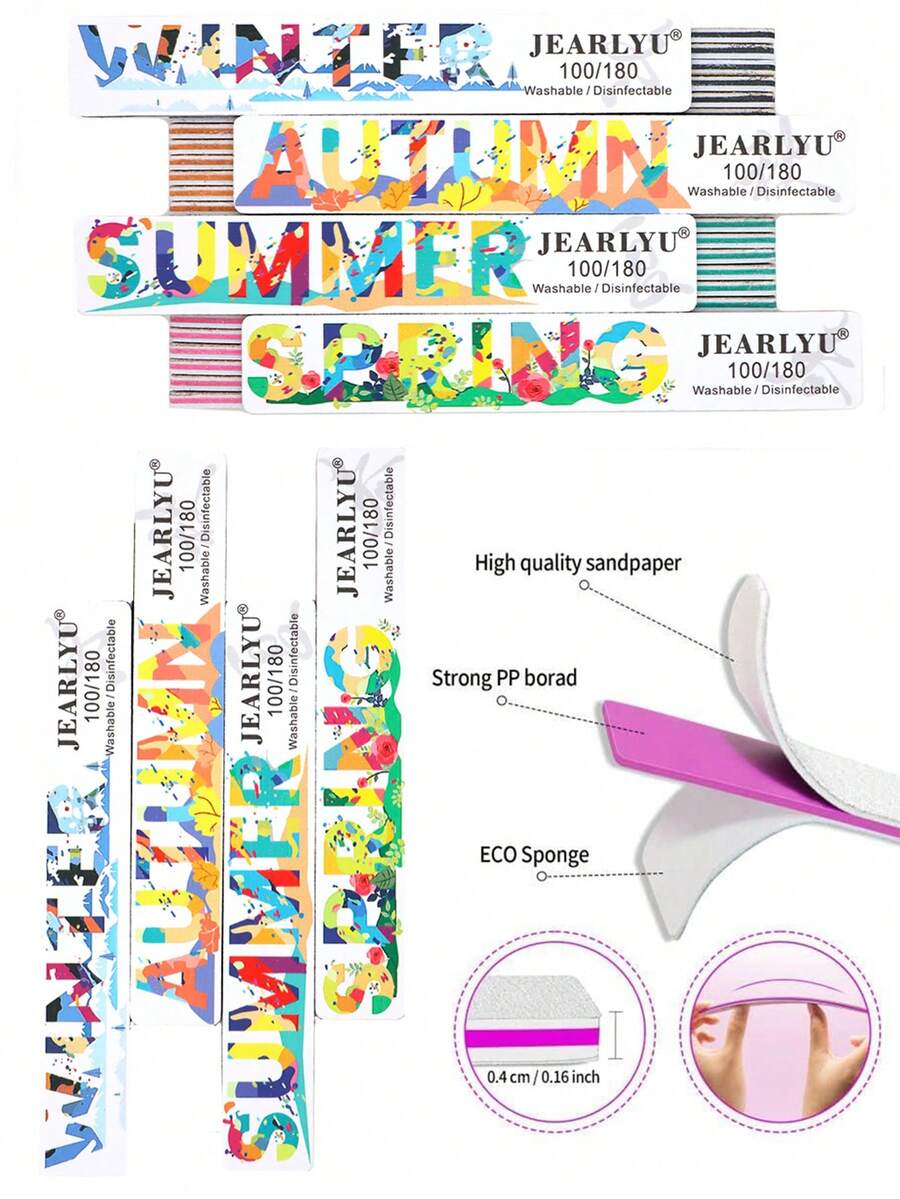 JEARLYU 2/5/9/25件装季节性方形指甲锉，精美单面印花抛光打磨块，100/180目高品质修甲锉 - 彩色 - 查看 1