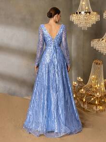 Faeriesty Vestido de noche de mujer con cuello en V profundo, decorado con lentejuelas, con mangas de malla transparente, vestido formal de línea A elegante, adecuado para cenas de gala, invitados de boda, eventos de alfombra roja, celebraciones y fiestas formales - Azul - Ver 2