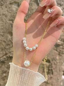 1pc Minimalist Double Layer Chain & Faux Pearl Necklace, Elegant & Fashionable Design Suitable For Women's Daily And Holiday Wear