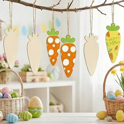 10pcs Large Easter Themed Unfinished Wooden Decorations, 10pcs Wood Slices + Hanging Ropes, Carrot Shape, Handmade Creative Wood Slice Holiday Gifts, Home Decor - Holiday Pendants, Hanging Ornaments