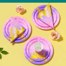 25件套一次性公主城堡主题派对用品套装，包括盘子、餐巾纸、杯子，适合生日、婚礼、家庭野餐等场合。 - 彩色 - 查看 5