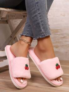 Sandal Rumah Wanita Terbaru dengan Motif Cherry Lucu, Bordir Plush, dan Ujung Terbuka, Sandal Lantai Dalam Ruangan yang Nyaman untuk Semua Musim - Berwarna merah muda - View 4