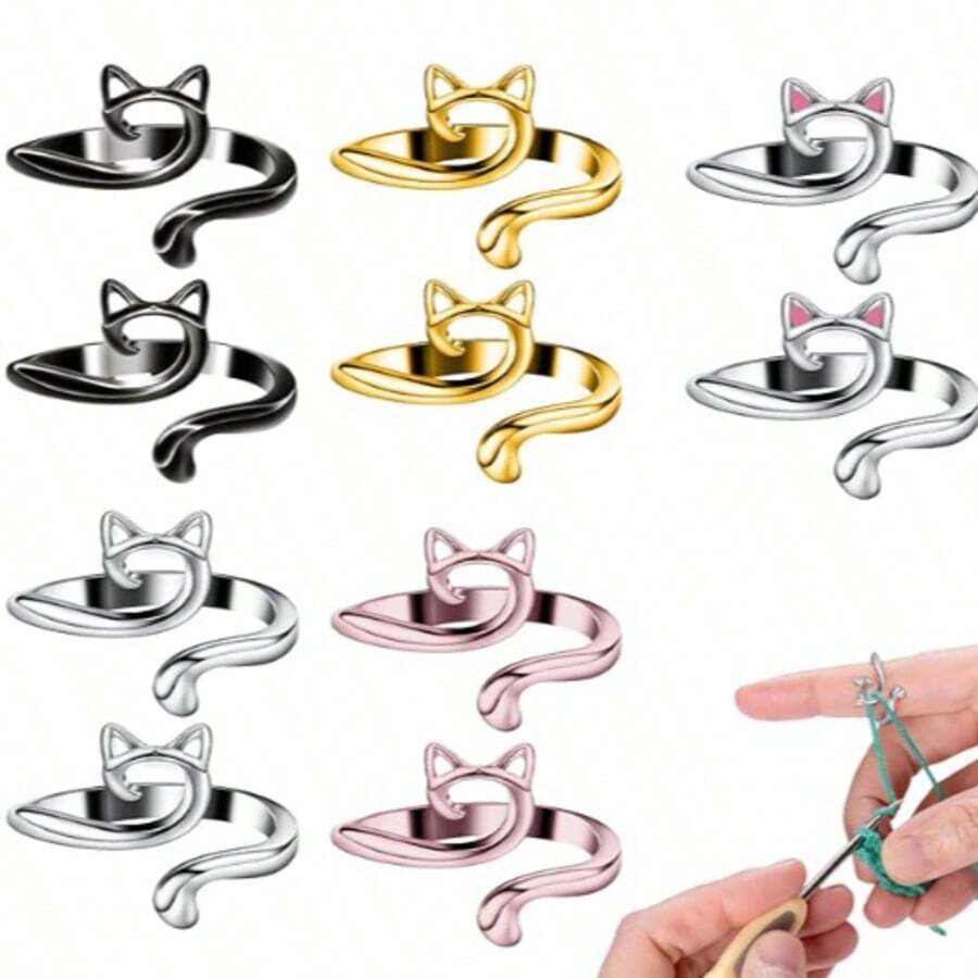 Adjustable Geometric Cat Ring, Knitting Ring Accessories With Animal Tension Rings And Needle Markers, Adjustable Dragon Needle Knitting Rings With Storage Box, Crochet Stitch Markers, Personalized Knitting Ribbon Accessories Crochet Yarn Thai Silver Finger Rings, Knitting Crochet Tail Ring Set - Multicolor - View 1