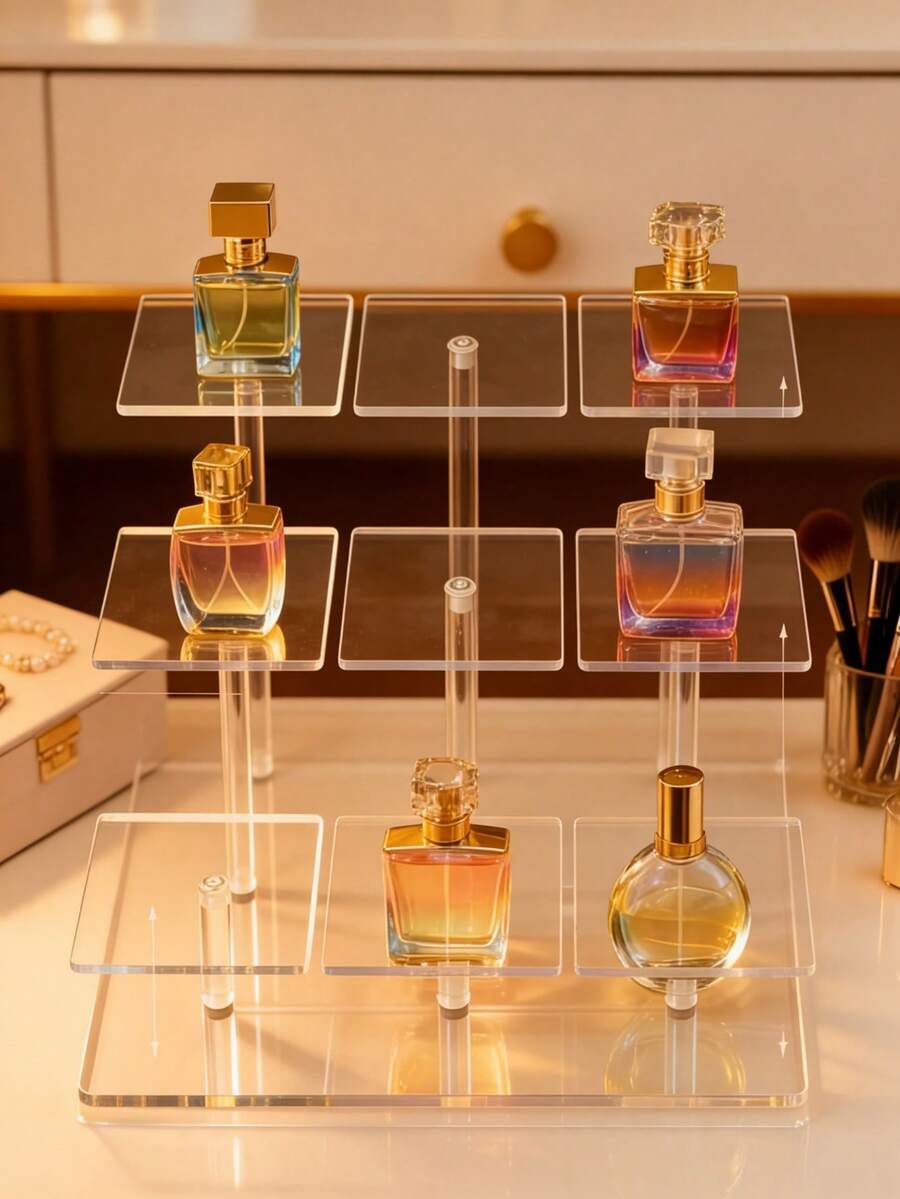 1pc 4/6/9-Tier Transparent Acrylic Stepped Display Shelf, Dressing Table Vanity Cosmetics Storage Perfume Stand Room Decor Vanity Accessories - Multicolor - View 1