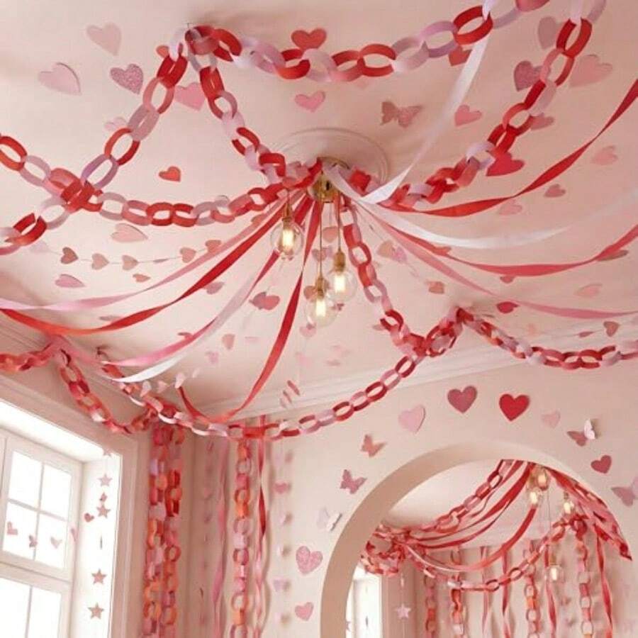 TaoBary Streamers Decoraciones de fiesta de 333 pies Crepe Pastel Streamers 4 rollos de 400 hojas de cadena de papel guirnalda de 66 pies colgante de corazón para fiesta pastel cumpleaños decoración - Rojo y rosa - Ver 1