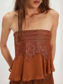 Women's Lace Floral Embroidery Tube Top Strapless Off Shoulder Ruffle Hem Babydoll Flowy Bandeau Tops Summer Sleeveless Backless Cute Cami Vest Sweet Going Out Tops Shirts Vintage Aesthetic Clothes Streetwear - Cà phê nâu - Xem 1