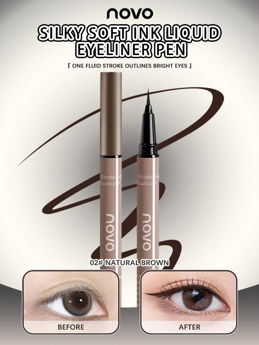 NOVO Waterproof, Sweat-Proof, Smudge-Proof Liquid Eyeliner Pen, Long-Lasting, Ideal For Beginners, Fine Soft Bristles, Suitable For Women, Makeup, Winter, Y2K Fashion, Birthday Gift, Party, Best Color - 02#Natural Brown - View 1