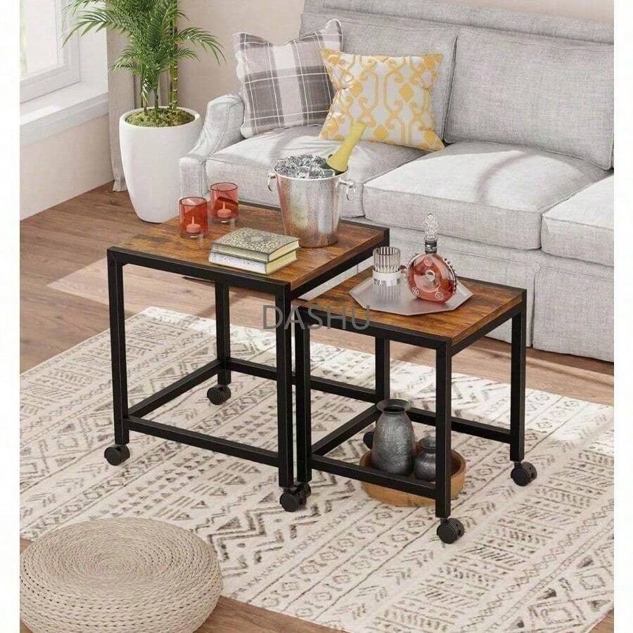 Juego de 2 Mesa Auxiliar con Ruedas, Mesa de Centro para Sala,  Mesas de Laterales Anidación, Mesas de Café Apilable para Sala de Estar, Mesitas de Noche para Recámara, 45x48x53cm, Marrón - por defecto - Ver 1