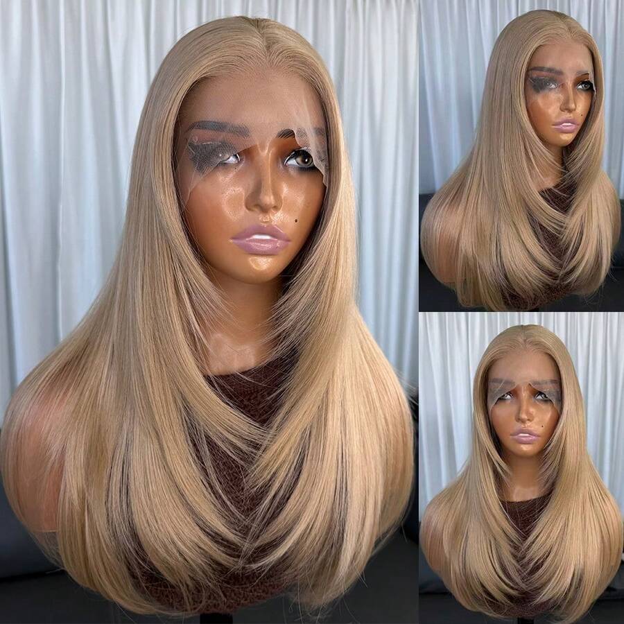 13x4 Kanekalon Futura Synthetic Lace Front Wig, Honey Golden Brown, 18 Inch Medium Length Wavy Bangs, No Glue Needed, Kanekalon Material, Durable Synthetic Wig, Middle Part, 150% Density, Ready To Wear, Suitable For Daily, Party, Holiday, Beginner Friendly, Transparent Lace Wig