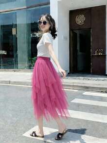 Women's Solid Color Mesh Patchwork Fashionable Versatile Date Party Skirt - Hot Pink - View 4