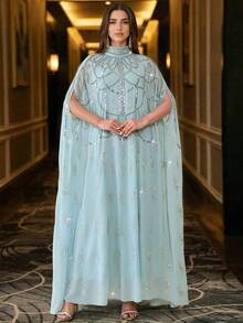 优雅串珠蝙蝠袖长立领长袍，梭织面料，刺绣图案