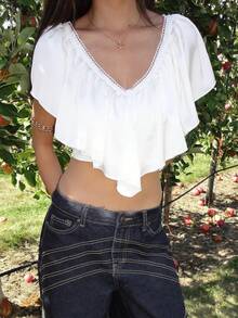 Women Y2K Ruffled V Neck Crop Top Solid Color Frill Trim Tie Back Cropped Shirts Summer Ruched Going Out Top Vintage Boho Blouse Tee Shirt Streetwear - 白色 - 查看 8