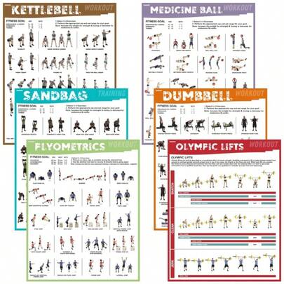 6-delat set med fitnessposters - kettlebell, planka, tyngdlyftning, hantel, sandsäck, yoga, stabilitetsboll, skivstång, motståndsbandsövningar | Lämplig för hem, vardagsrum, sovrum och yogastudio, gymdekor, daglig yogaövning, rumdekoration inomhusbruk, ramlös, 8x10 tum, 2D-platt design, pappersmaterial