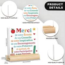 2D Acrylic Desk Plaque For French Teacher Appreciation - "Merci" Thank You Gift With Inspirational Quote, Colorful Heart Shape And School Icon - End Of School Year, Graduation Season, Teacher's Day Office Decor - Multicolor - View 3