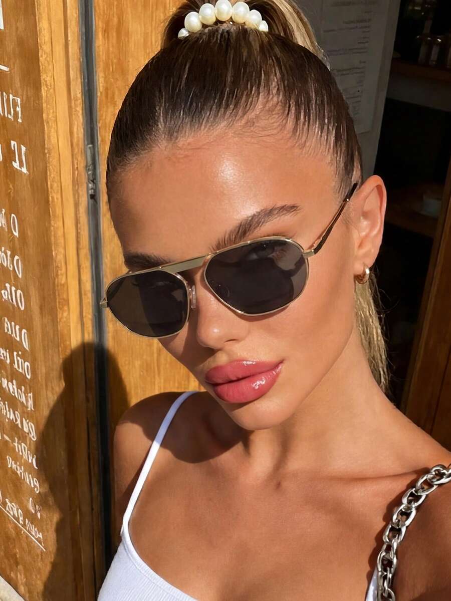 1 Pair Unisex Unique Metal Geometric Frame Sunglasses, Suitable For Party, Travel, Music Festival, Sports, Driving, Holiday Outfit, Beach, Outing, Summer Accessories, Vacation, Family Outing, Elegant Attire, Street Style Accessory, Sports, Outdoor Activities, Street Fashion, Fishing, Holiday, Vacation - Gold Ash - View 1