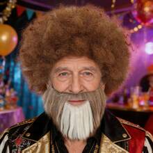 80年代画家卷发小丑棕色爆炸头假发及棕色带白色斑块胡须套装，男女通用 - 迪斯科嬉皮士服装、美术老师角色扮演、复古趣味派对装扮、男女通用中长高蓬松卷曲假发带刘海，适合节日、日常派对、圣诞节装饰、趣味卷曲耐热合成假发带胡须，适合动漫迷生日礼物 - 彩色 - 查看 12