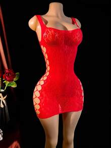 Sexy Off The Shoulder High Stretch Cover-Up| Hollow Cut, Solid Color, Straight Skirt, Conventional Bottom, No Padding - 紅色 - 查看 3