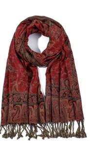 1pc Classic Cashew Tassel Fringed Long Scarf, Women's National Style Embroidered Shawl, Elegant Sunscreen Headscarf - Angola Red - View 3