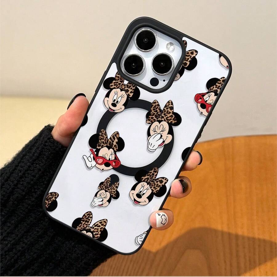 Disney.‌ Minnie Mouse Patterned Phone Case With Leopard Print Bow Design. Compatible With IPhone 17, 16, 15, 14, 13, 12, And 11 Pro Models. Made Of TPU Material, Offering Shockproof Protection. Ideal Gift For Family, Friends, Birthdays, Holidays, And Valentine's Day. - màu đen - Xem 1