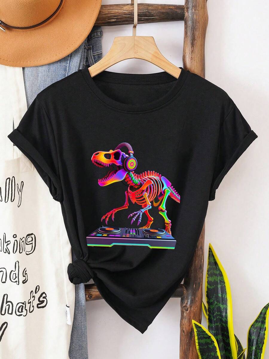 EDM DJ T Rex Dinosaur Spinning Records Techno Rave Music T Shirt - 黑色4 - 查看 1