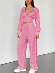 2 Stücke Damen Einfarbig Lässig Reißverschluss Hoodie Set, geeignet für Herbst/Winter Streetwear, Bademode, Büro, Abschluss, Schulanfang, Outfit für Lehrerinnen - Pink - Übersicht 5