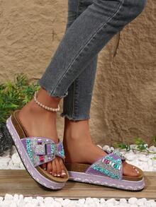2026 Spring/Summer New Women's Sandals, Double Strap, Rhinestone Fashionable Thick-Soled Slippers, Random Floral Patterns, Essential For Vacation & Beach, Suitable For All-Day Wear - Purple - View 4