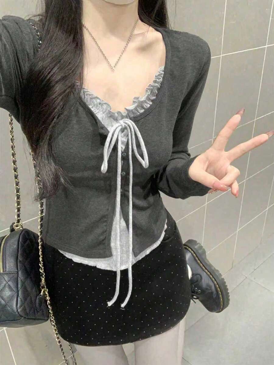 韓式荷葉邊設計 2 合 1 修身前綁帶長袖 T-shirt 打底上衣 休閒夏季款 - 灰色 - 查看 1