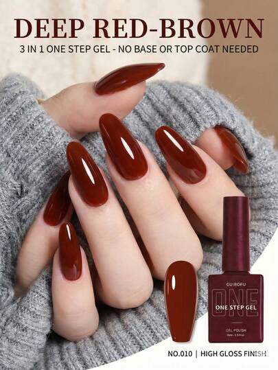 15ml Dark Maroon Red One Step Gel Nail Polish 3 In 1 Chocolate Brownish Red No Base Top Coat Needed Retro Vintage Color For Fall Winter Halloween Elegant Nail Design Bottle Matches Gel Nails