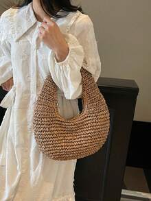 1pc New Vacation Bag, Holiday Straw Bag, Solid Color Crescent Moon Shaped Shoulder Bag, Summer Beach Bag, Woven Underarm Bag, Crescent Bag, Handbag, Valentine's Day Gift, Beach Bag, Women Bag - Khaki - View 8