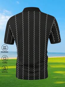 1pc Men's Summer Black Base White Zigzag Patterned Polo Shirt, Geometric Print Lapel Casual Short Sleeve Top - Black - View 2