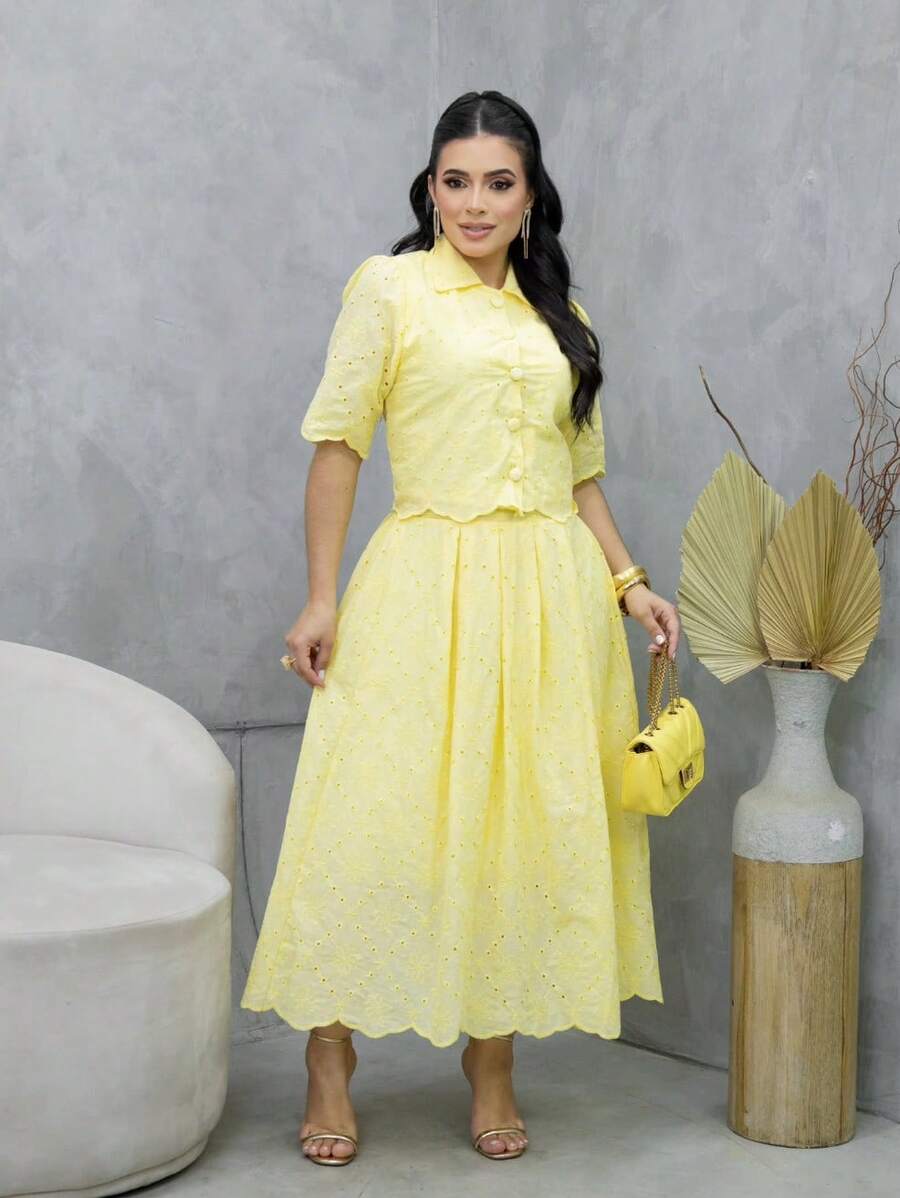 Women's Evangelical Fashion Set, Elegant Embroidered Cotton Lace, Modest Skirt And Midi Blouse Set For Congresses. - Màu vàng - Xem 1