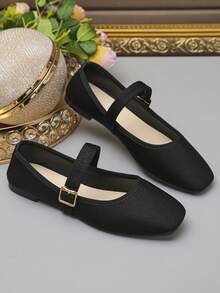 Zapatos planos con puntera cuadrada y lentejuelas de talla grande UE35-43, de uso diario con diseño deslizante, adecuados para vestidos, disponibles en múltiples colores y patrones, para primavera/otoño - Tela negra con líneas finas. - Ver 8