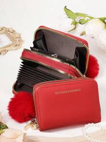 Decorated With A Furry Pom Pom Charm,Double Zipper,Versatile Coin Wallet,Letter Graphic Card Holder Multi-Card Card Organizer For Storage Credit Cards School Supplies For School Dorm Room - Red - View 7