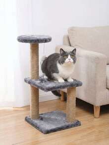 1pc Three-Tier Cat Climbing Frame Linen Braided Columns Felt Base Cat Claw Grinding Toy Cats Climb Treehouses Frame Interactive Cat Scratching Post With Hanging Mouse Hard-Wearing Cat Supplies