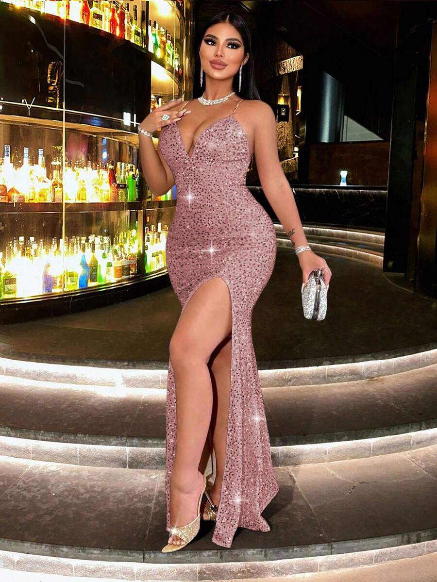 CHOSMO Metallic Chain Strap Backless High Waist Slit Dress, Elegant Formal Gown For Women, Suitable For Gala, Wedding, Cocktail Party Spring