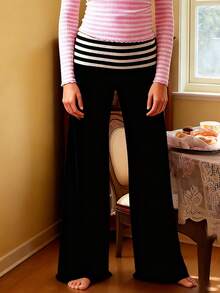 Fold Over Yoga Pants For Women Y2K Striped Low Rise Wide Leg Leggings Sweatpants Cozy Stretchy Foldover Lounge Pants Going Out Clothes - 黑色 - 查看 6
