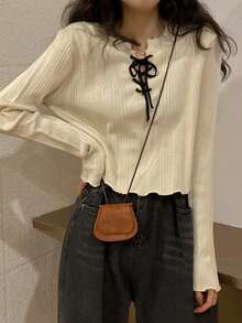 New Drawstring Design Long Sleeve Sweater Women, Knitted Pullover Top - Medium Apricot Color - View 6