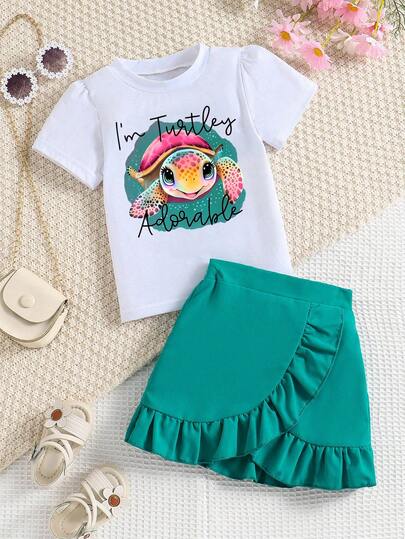 2pcs/Set Girls' Fashionable Sea Turtle Print Set