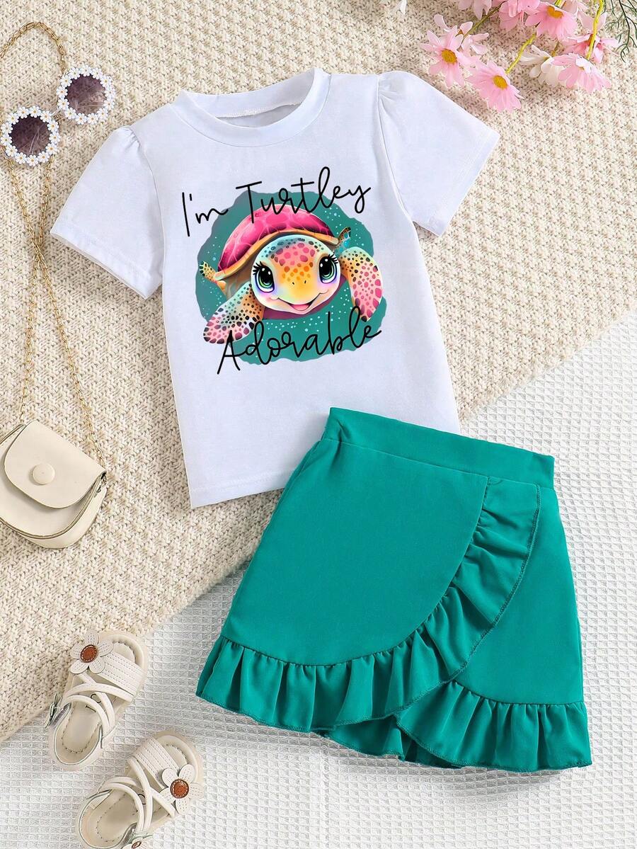 2pcs/Set Girls' Fashionable Sea Turtle Print Set - Green - View 1