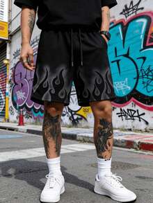 男士休闲火焰印花针织短裤 - 黑色 - 查看 2