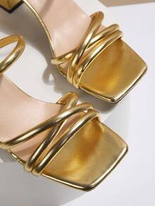 Giày sandal quai mảnh kiểu Pháp cổ điển dành cho nữ, sandal quai ngang gót chunky thanh lịch mới cho mùa hè. - Vàng - Xem 5