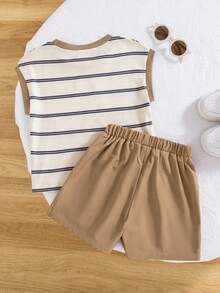 2pcs/Set Boys' Casual Striped Splice Collar Sleeveless Top And Solid Color Pocket Drawstring Shorts, Spring/Summer - Khaki - View 3
