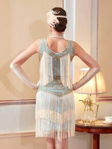 1920s Flapper Style Lace V-Neck Fringe Dress Set For Women - Baby Blue - View 9