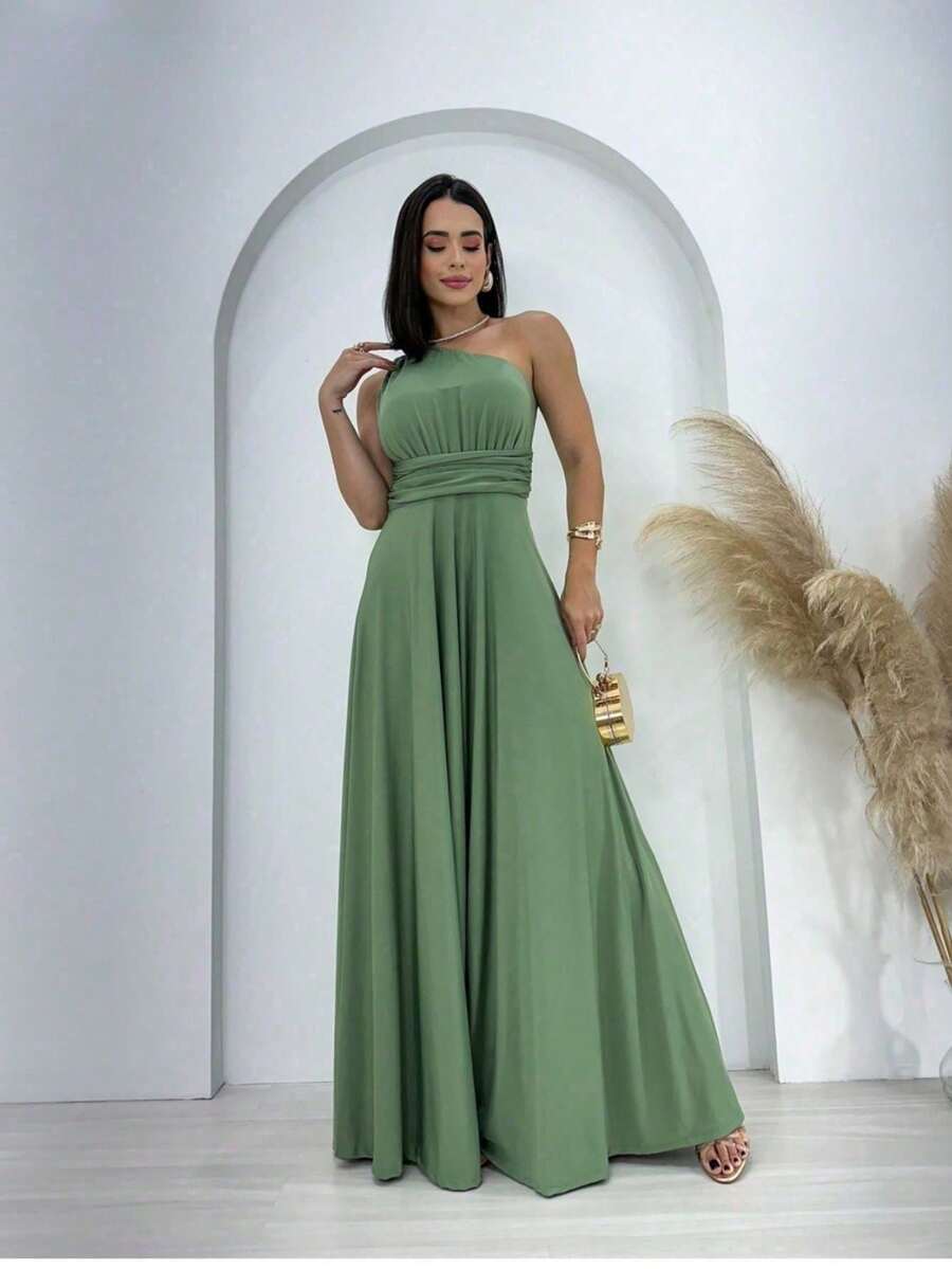 Aghata One Shoulder Long Dress, Solid Color, Elegant Fluity Knit, Women's Party Fashion - màu xanh lá - Xem 1