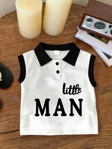 男童简约标语印花 Polo 领背心，适合春夏儿童穿着 - 白色 - 查看 2