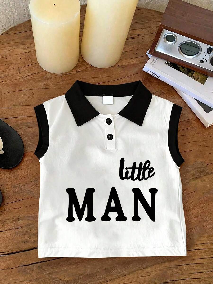 男童简约标语印花 Polo 领背心，适合春夏儿童穿着 - 白色 - 查看 1
