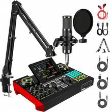 tenlamp Professional Audio Mixer Set, Live Streaming Sound Card Device, Featuring DJ Mixing Effects, Voice-Changing Functionality, And Various Sound Effects, Complete With A Condenser Microphone, Monitoring Headphones, And A Microphone Boom Stand. Ideal For Podcast Recording, Live Singing, Karaoke, Gaming Voice Chat, And Streaming Content Creation, This Computer Audio Interface Is Compatible With Smartphones, Supports USB Charging, And Is Plug-And-Play Ready. - 黑色 - 查看 9